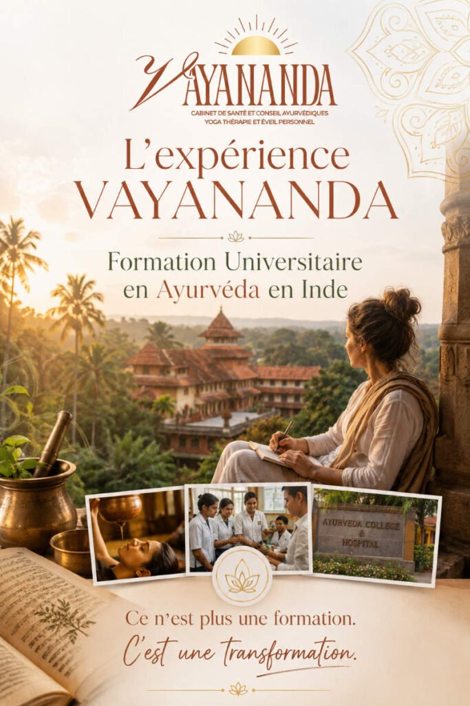 Formation universitaire en Ayurveda en Inde : affiche VAYANANDA montrant un campus ayurvédique au Kerala, des soins traditionnels et l'Ayurveda College & Hospital